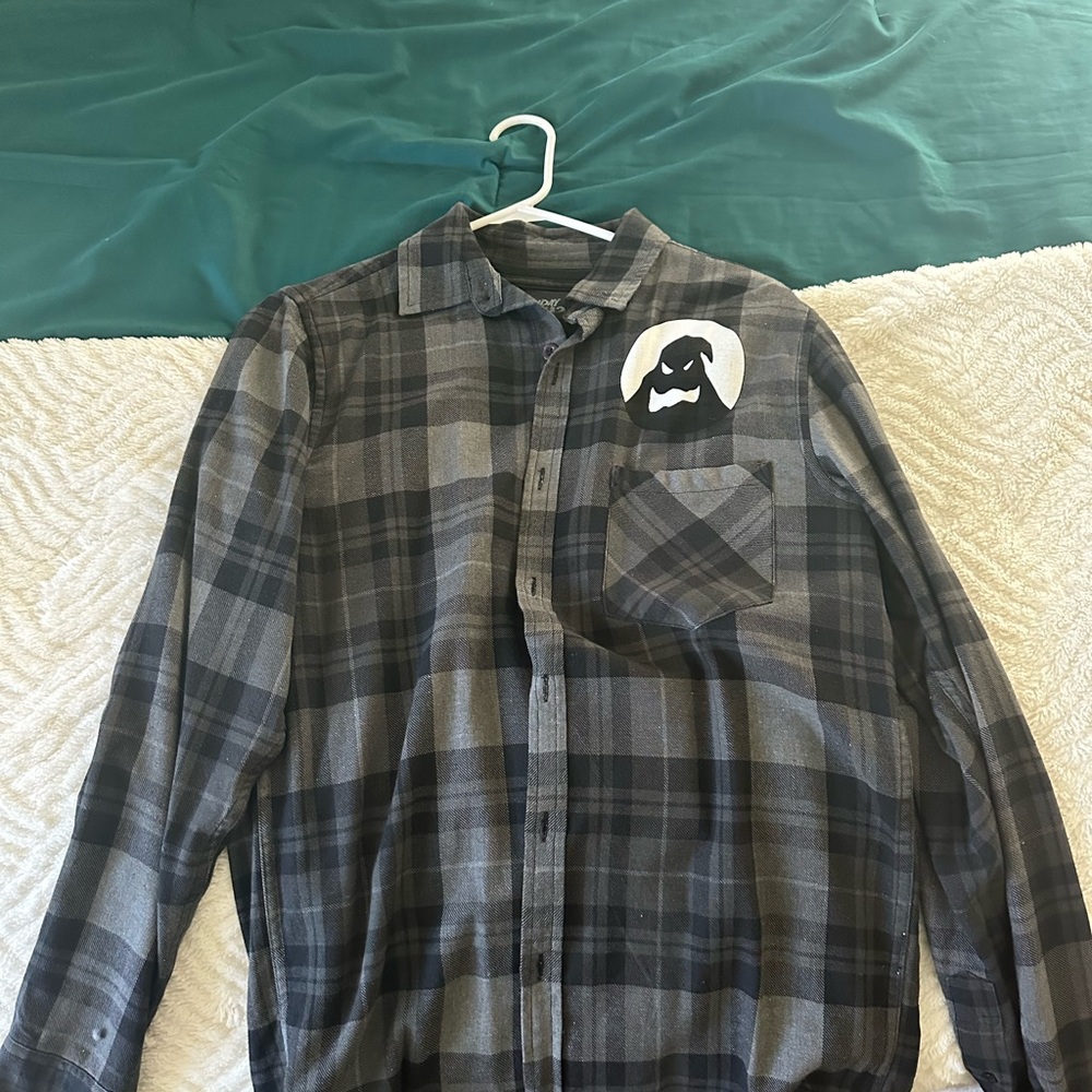 The Nightmare Before Christmas Men's Black and Gray Plaid Button Down Shirt